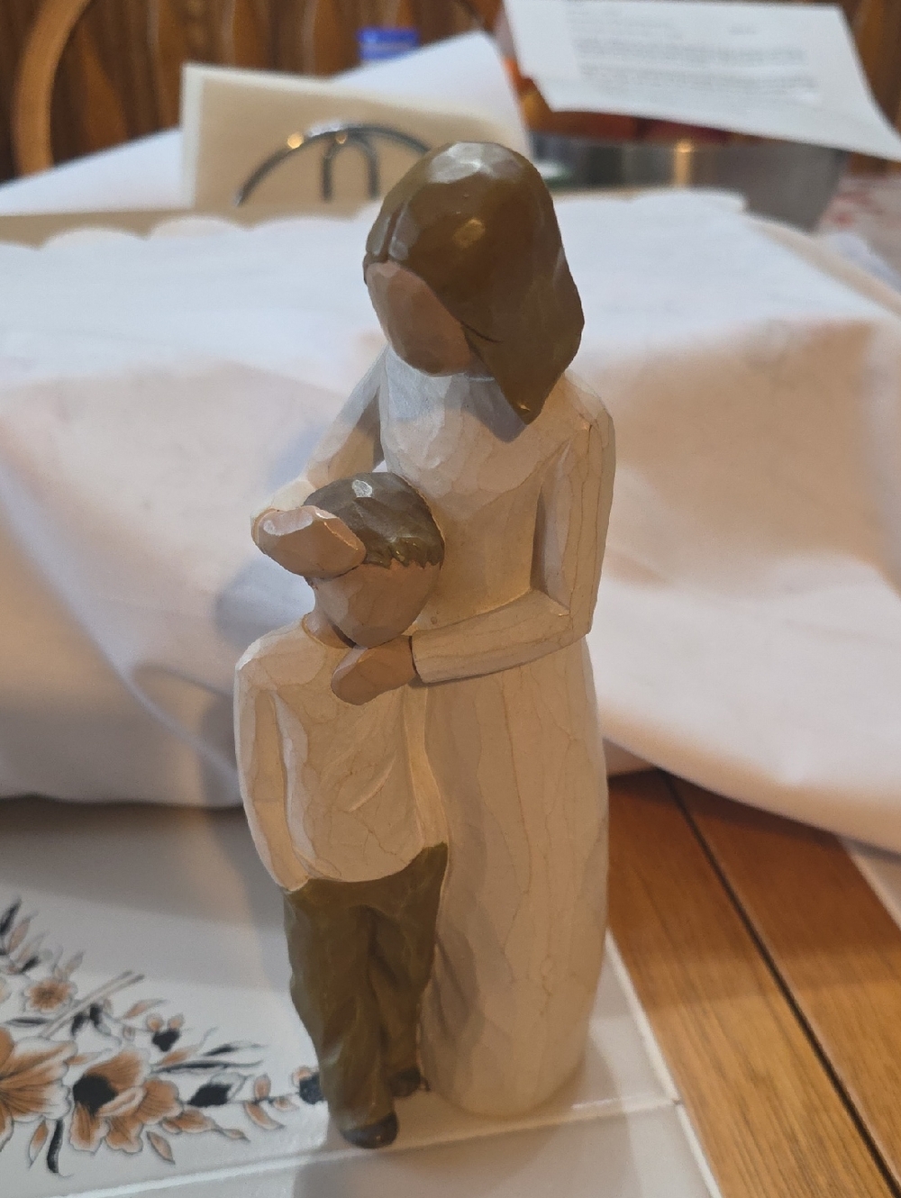 Demdaco Mother and Child Wood Sculpture - Cream & Brown